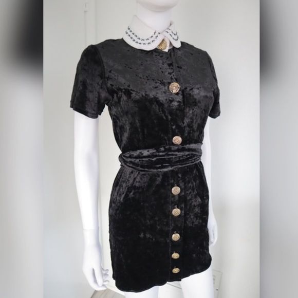 Handmade Black Witchy, Goth Velour Spandex Courtney Love Button Up Mini Dress S - Picture 1 of 9